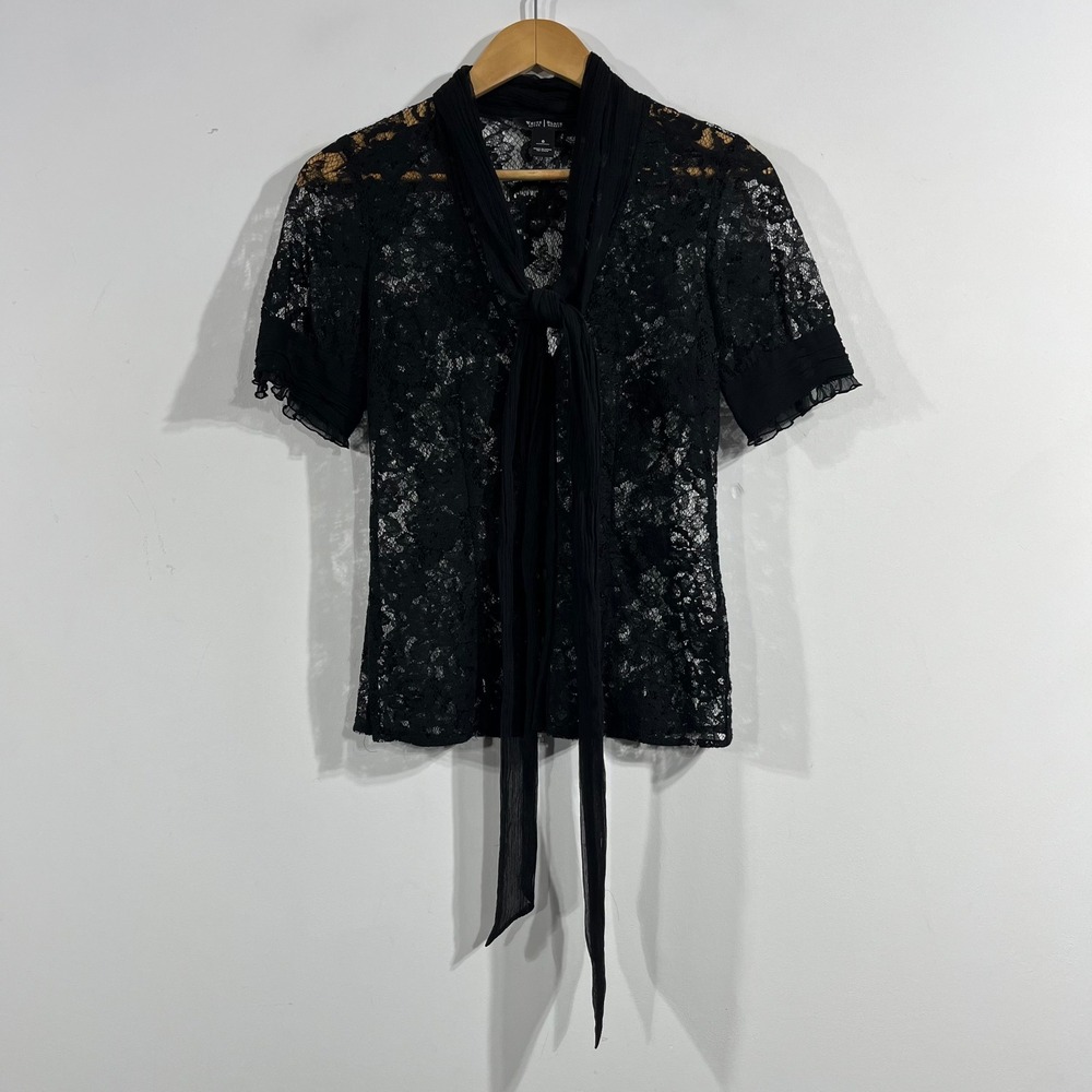 WHBM Fairy Grunge Boho Victorian Black Lace Silk Tie Neck Top Size 0 Whimsigoth